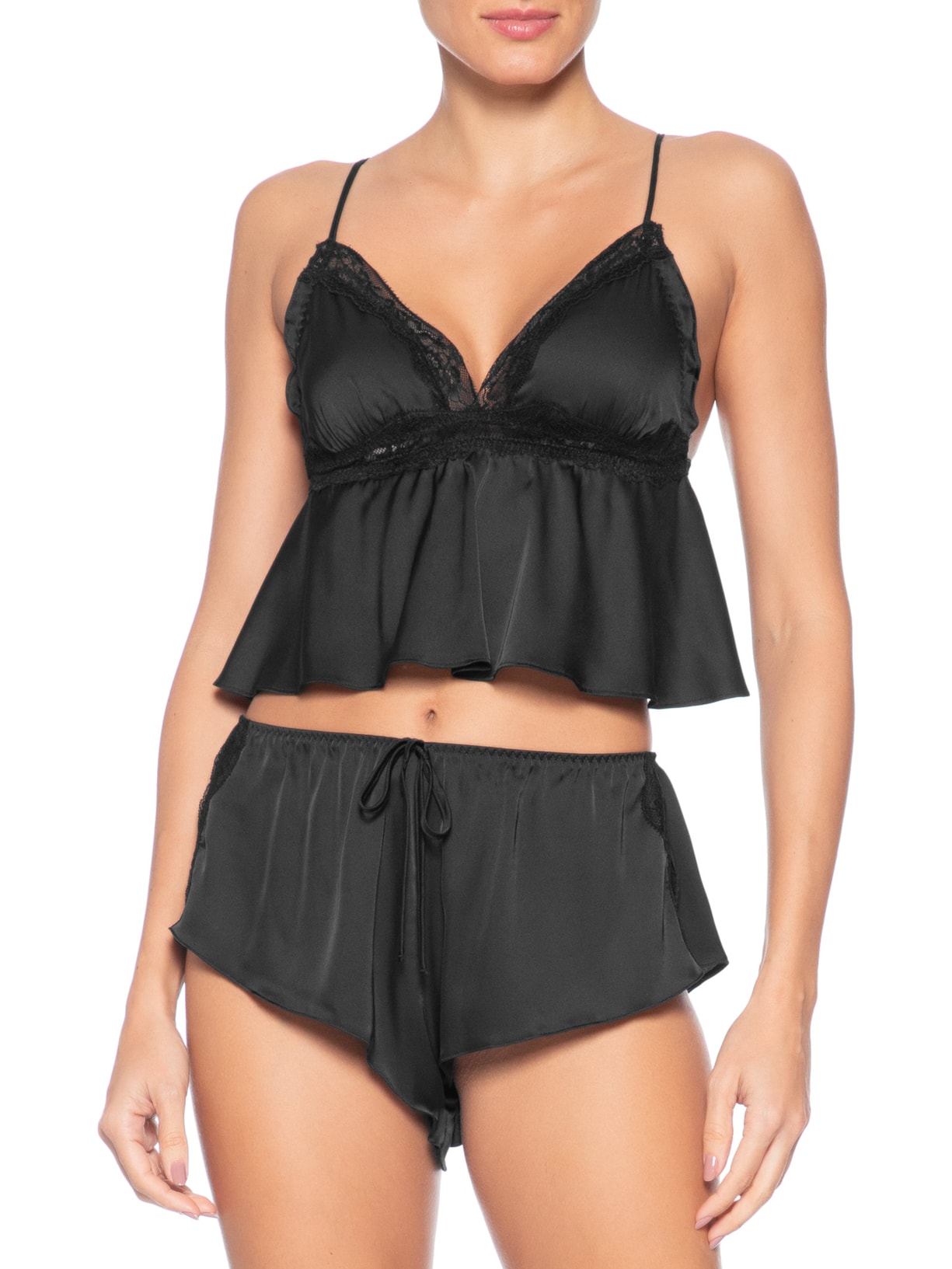 Pijama Feminino Baby Doll Alças Finas Em Cetim Com Renda Love Stories Glow Preto Hope