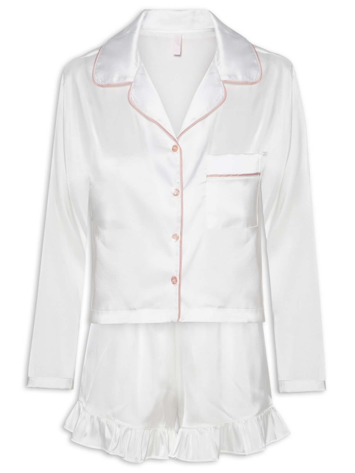 Pijama Feminino Curto Manga Longa ABT Cetim Espelho - Off White