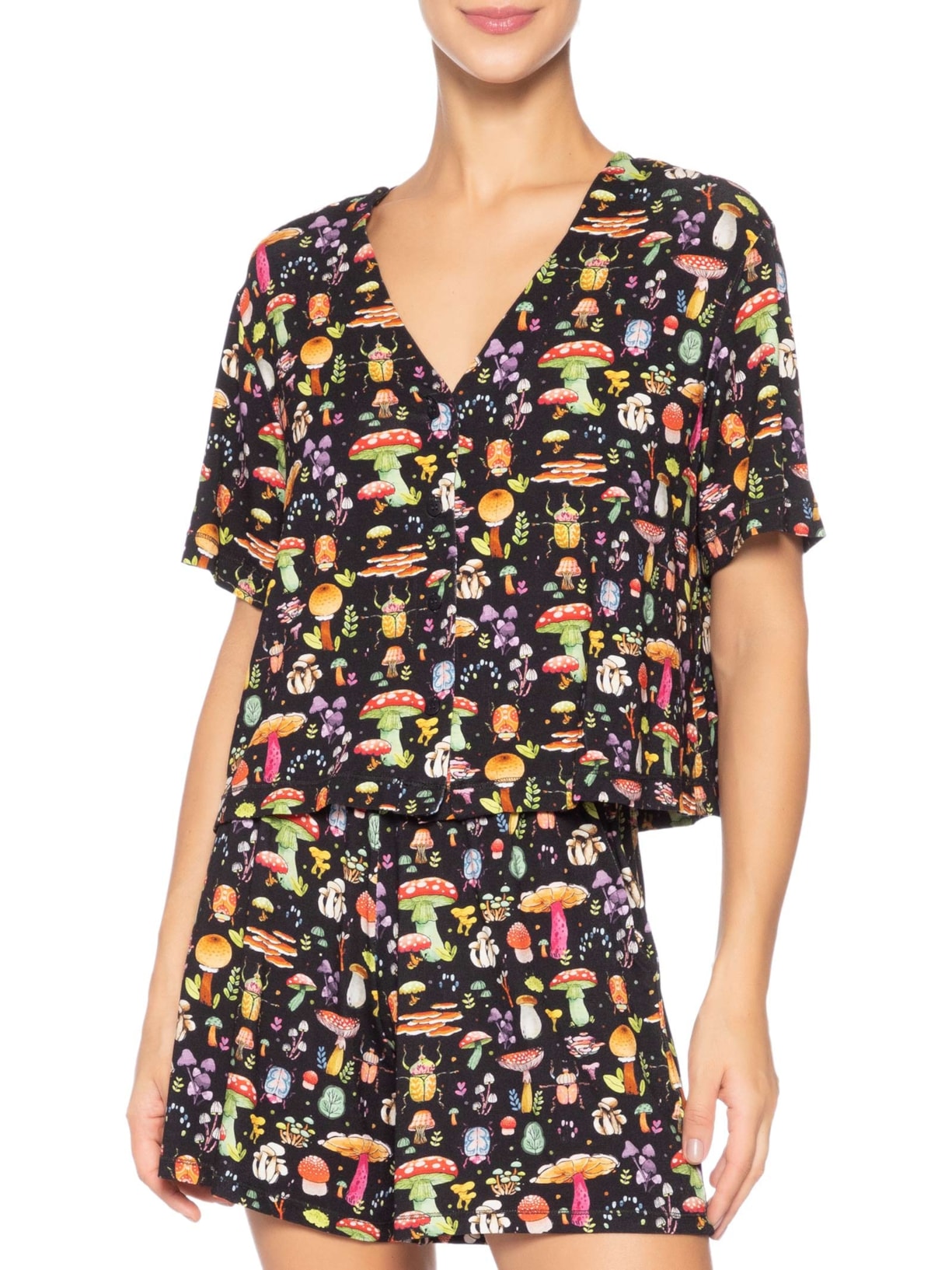 Pijama Feminino Curto Viscose Floresta Preto Jogê