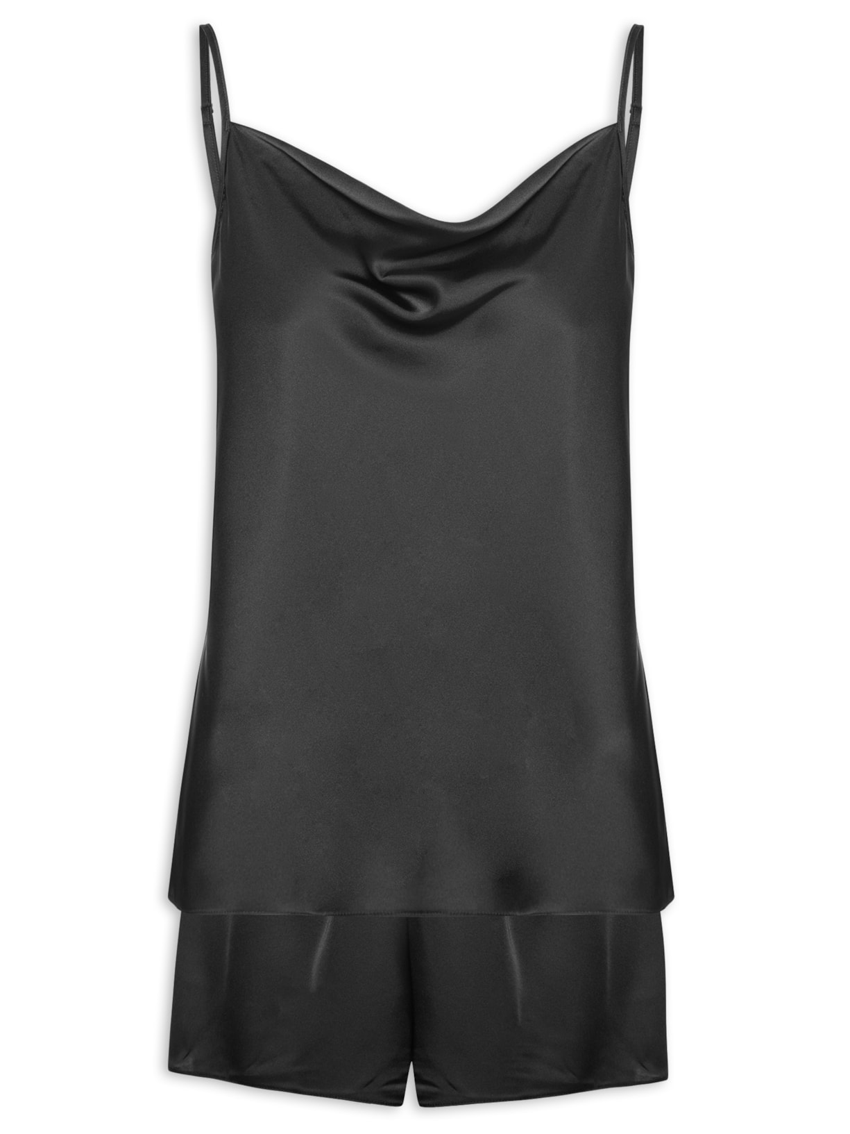 Pijama Feminino Doll Alças Finas Em Cetim Grace - Preto