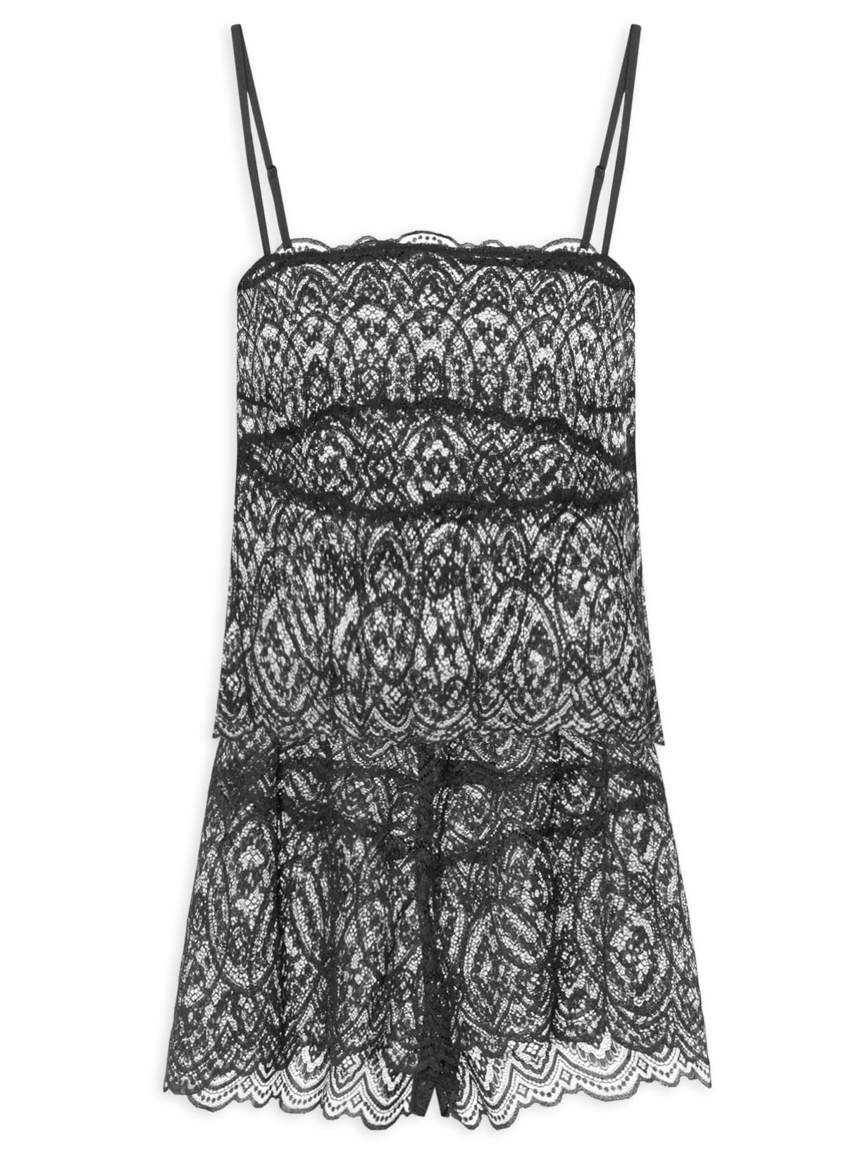 Pijama Feminino Doll Alças Finas Em Renda Fever - Preto