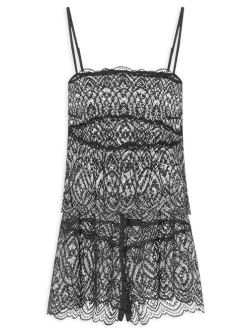 Pijama Feminino Doll Alças Finas Em Renda Fever - Preto