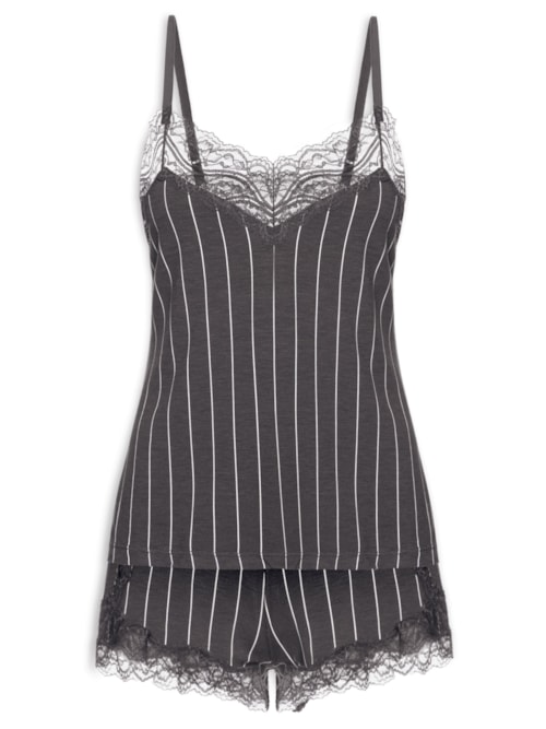 Pijama Feminino Doll Alças Finas Em Viscose Estampada E Renda Love Stories - Cinza