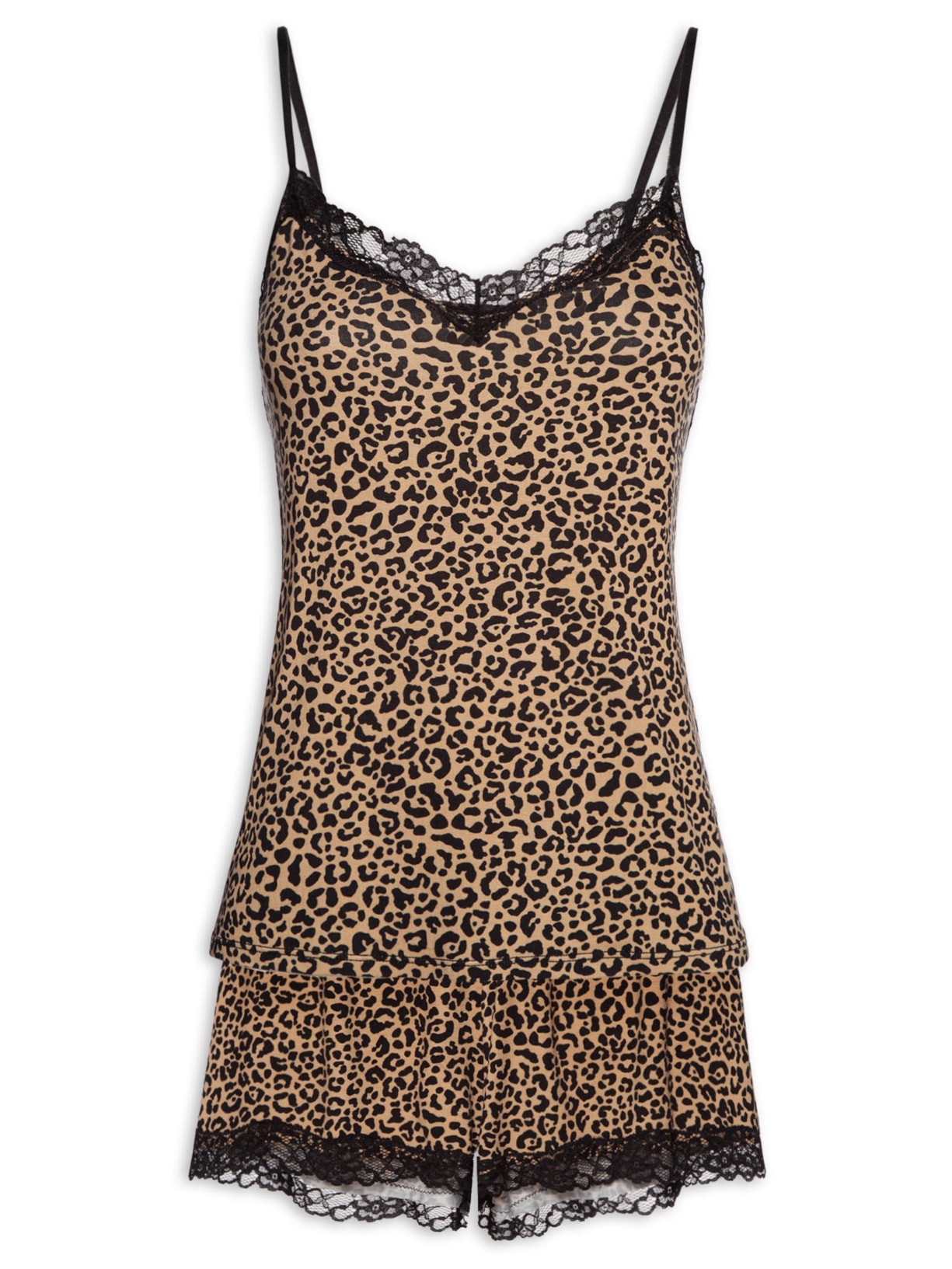 Pijama Feminino Doll Alças Finas Viscose E Renda Moon - Marrom