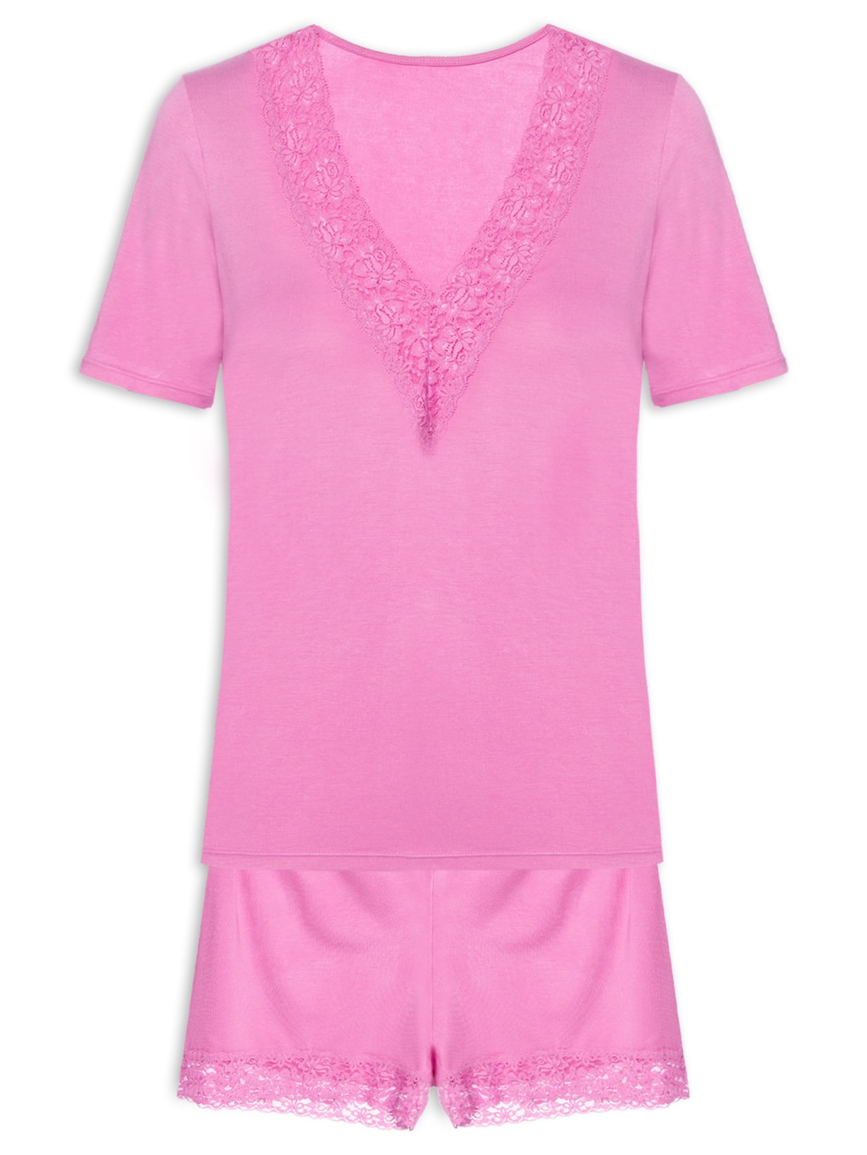 Pijama Feminino Doll Manga Curta em Viscose e Renda Happy - Rosa