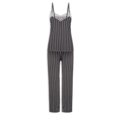 Pijama Feminino Longo Alças Finas Em Viscose Estampada E Renda Love Stories - Azul
