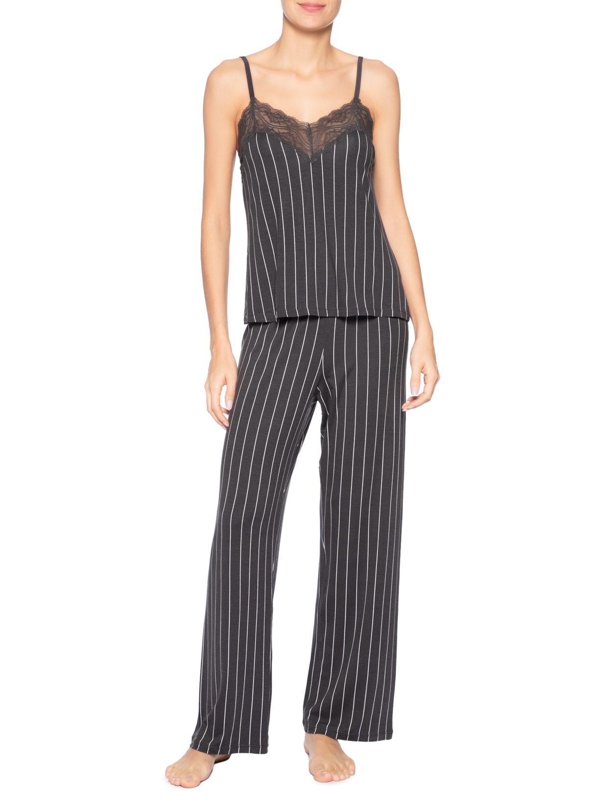 Pijama Feminino Longo Alças Finas Em Viscose Estampada E Renda Love Stories Azul Hope