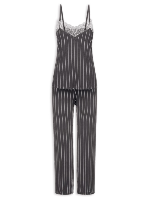Pijama Feminino Longo Alças Finas Em Viscose Estampada E Renda Love Stories - Cinza