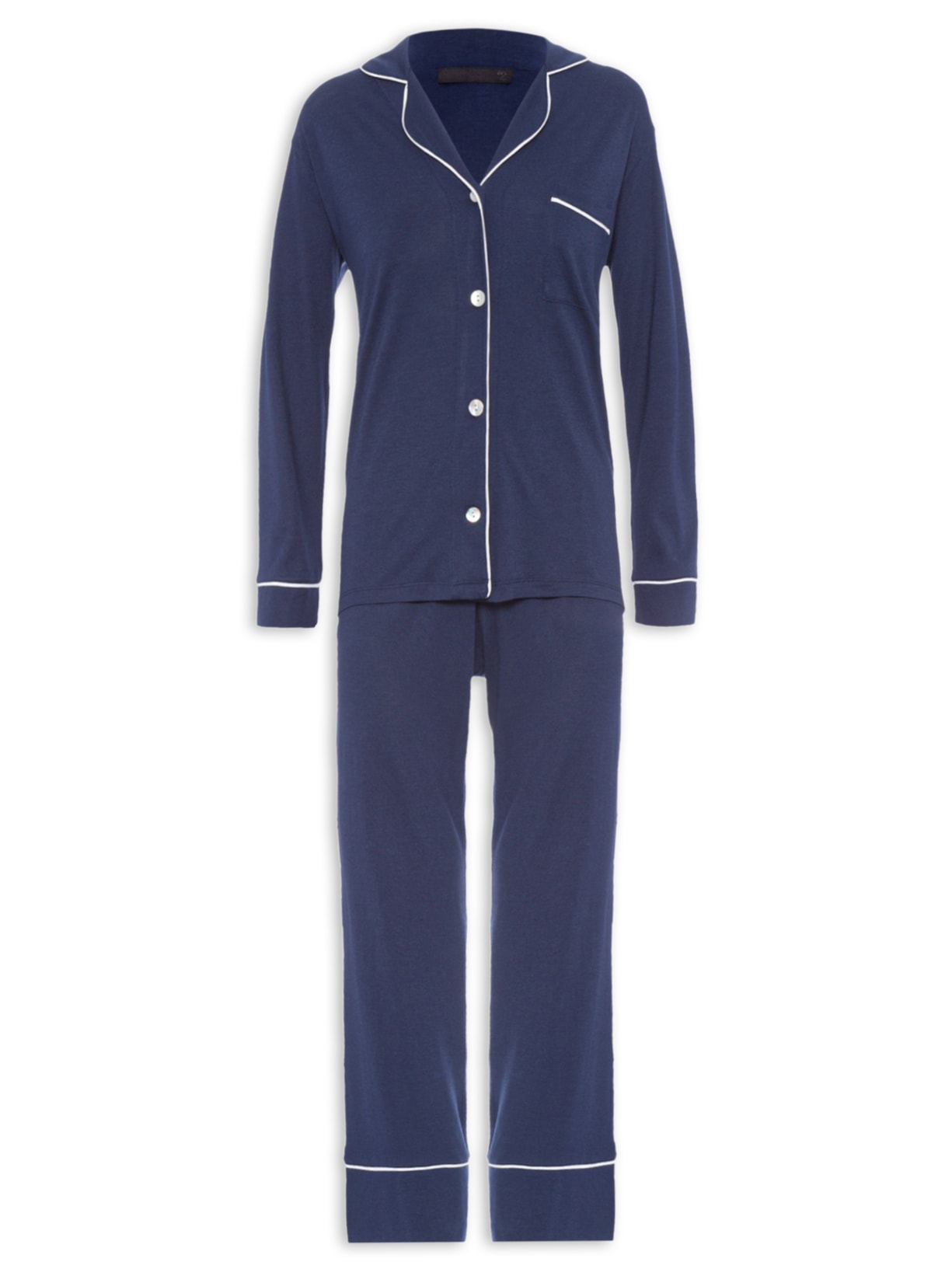 Pijama Feminino Longo Com Botão De Algodão Pima - Azul