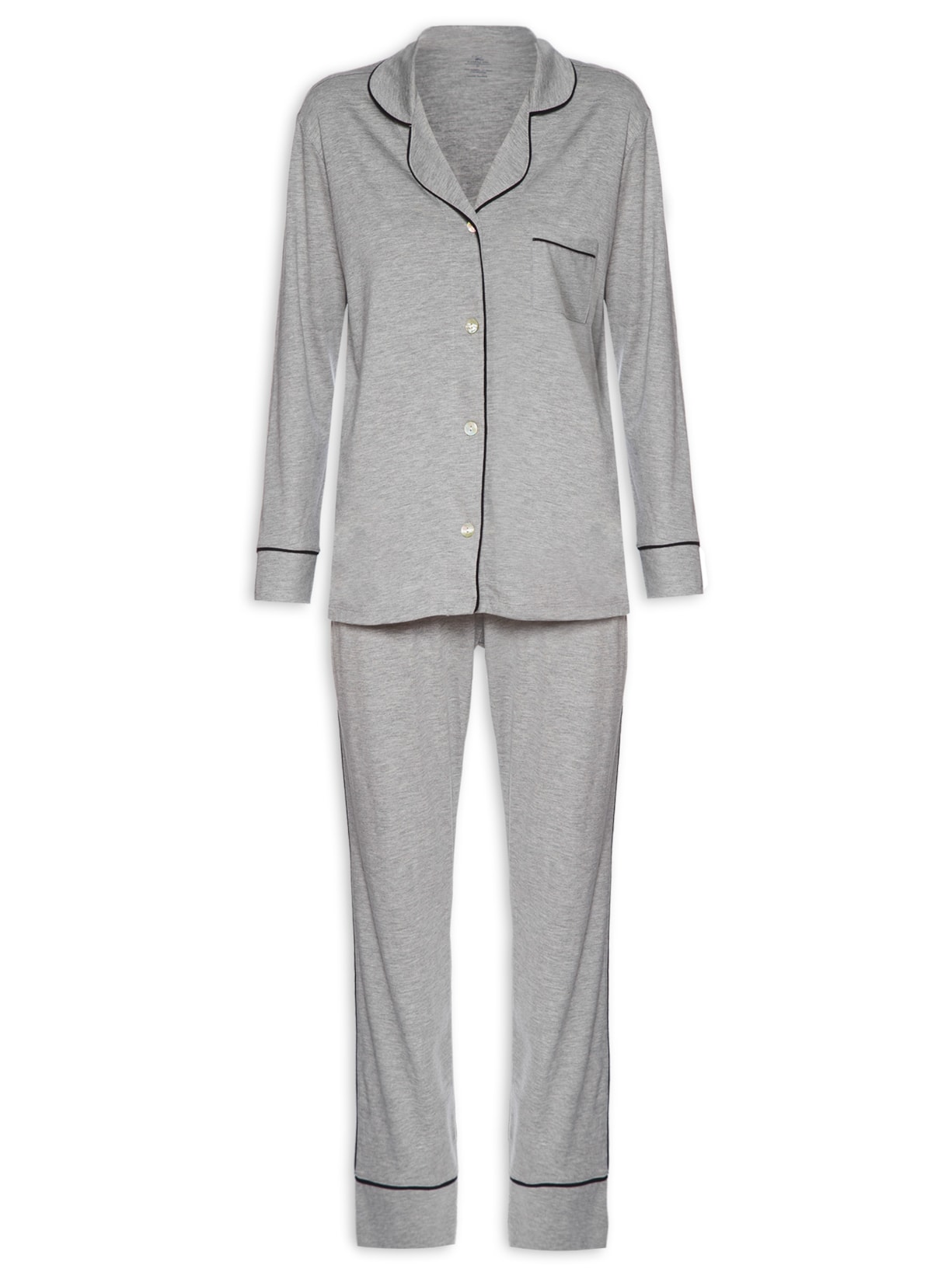 Pijama Feminino Longo Com Botão De Algodão Pima - Cinza