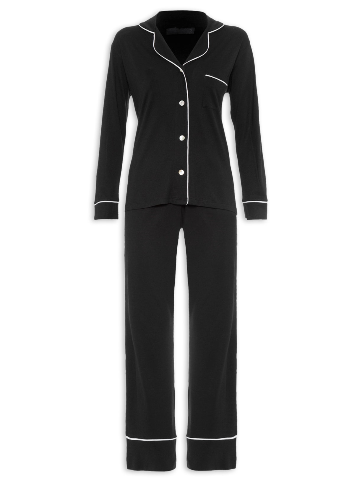 Pijama Feminino Longo Com Botão De Algodão Pima - Preto