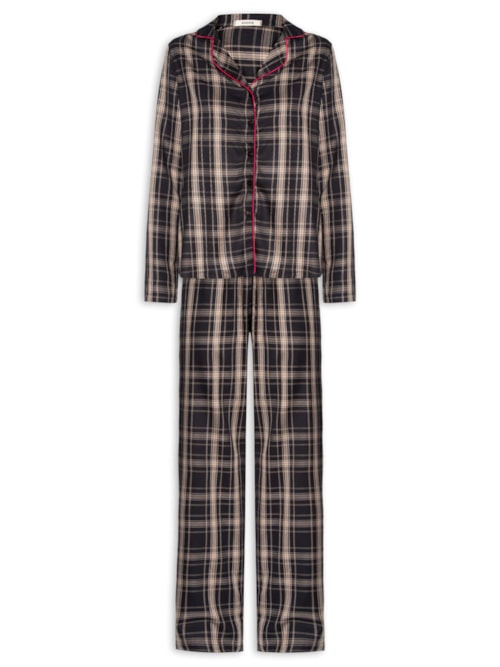 Pijama Feminino Longo com Botões em Viscose Estampada Moments - Preto