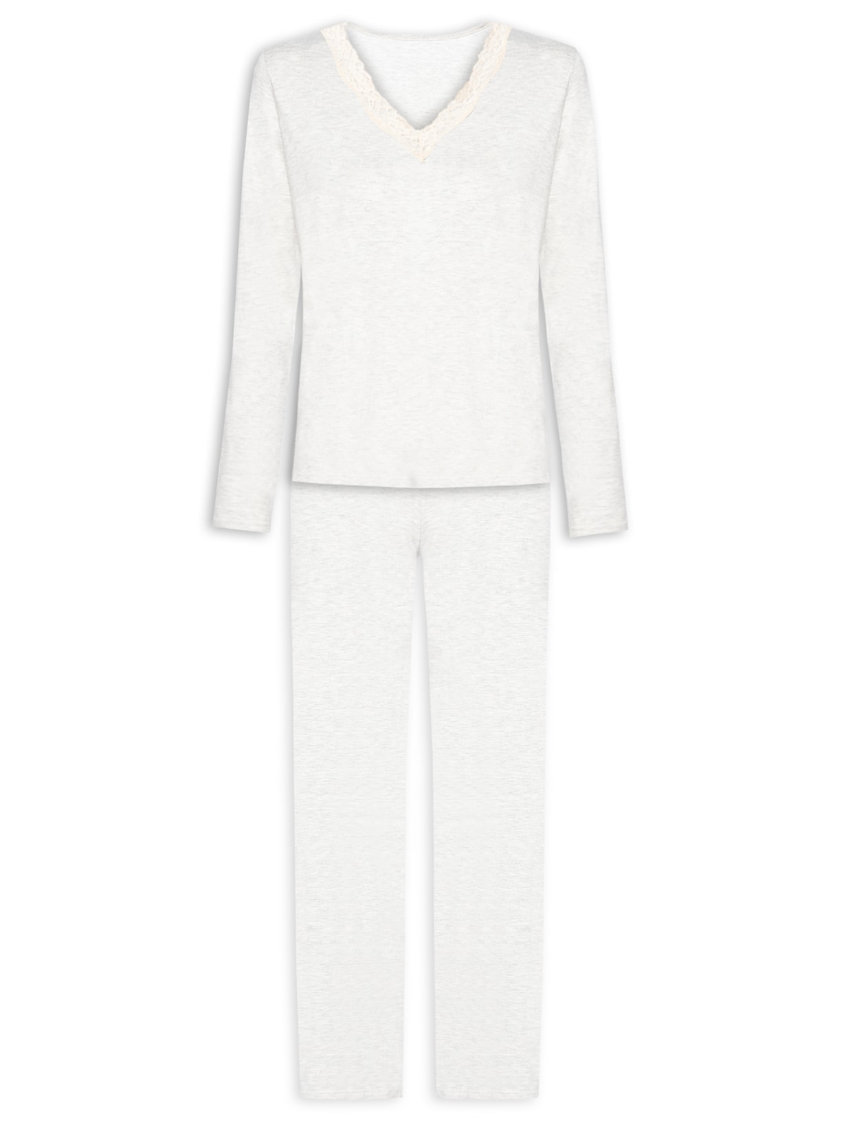 Pijama Feminino Longo Decote V Em Viscose E Renda - Cinza
