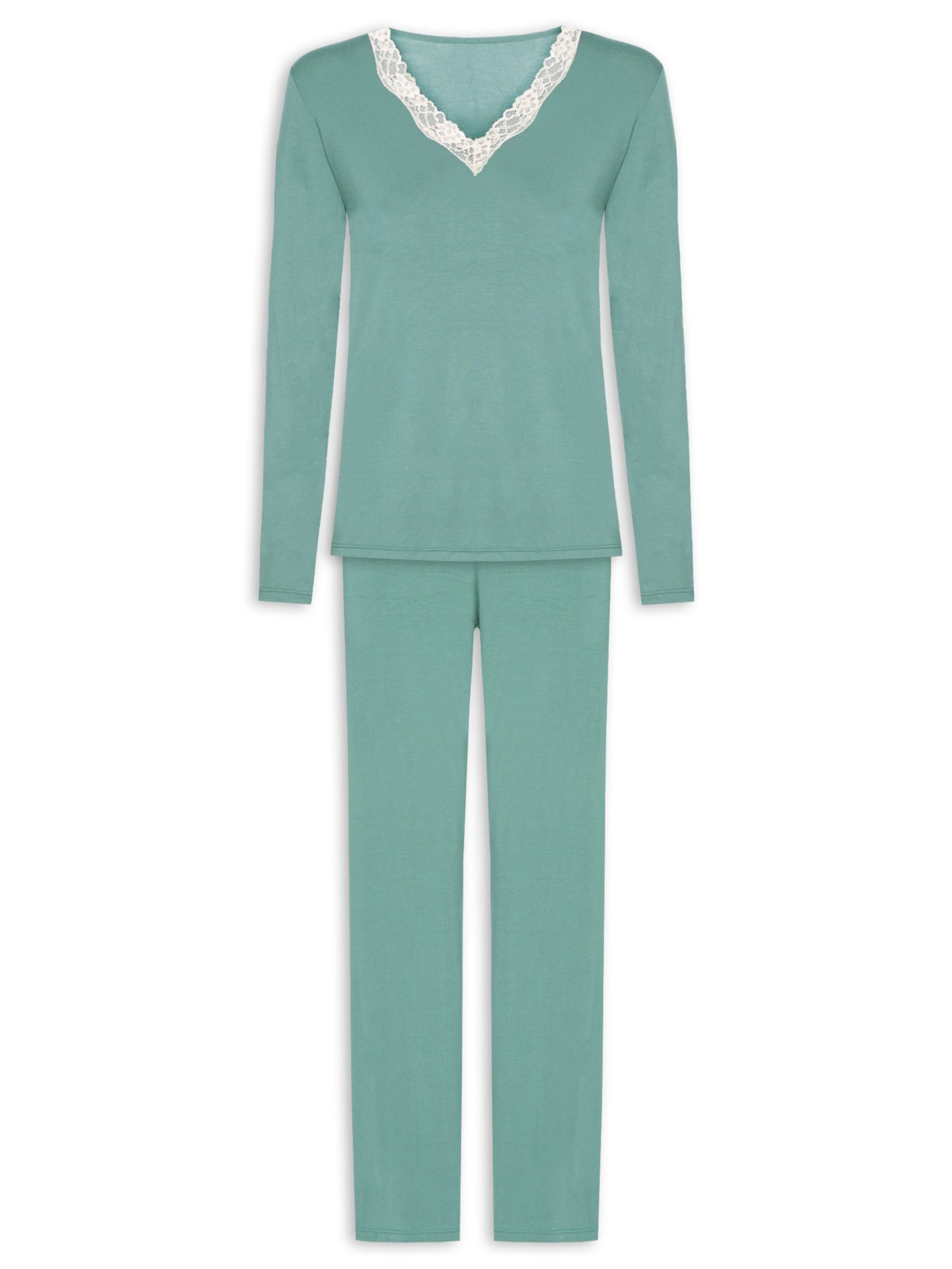 Pijama Feminino Longo Decote V Em Viscose E Renda Moon - Verde
