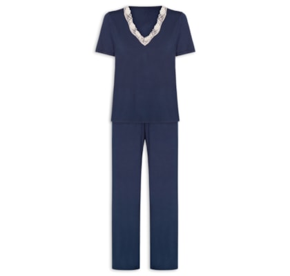 Pijama Feminino Longo Em Viscose E Renda Moon - Azul