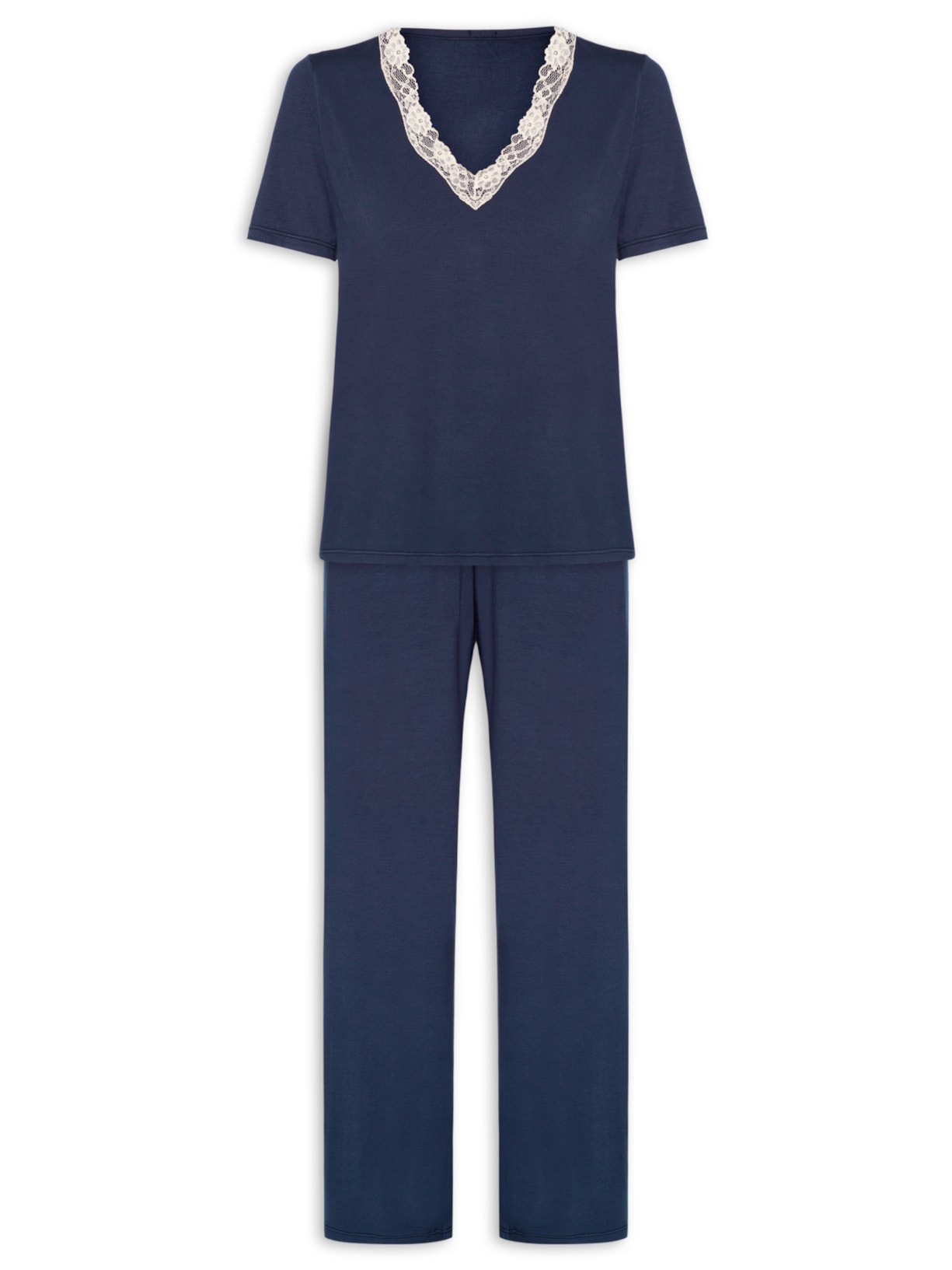 Pijama Feminino Longo Em Viscose E Renda Moon - Azul