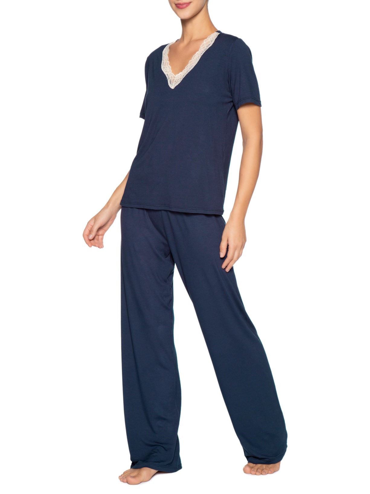 Pijama Feminino Longo Em Viscose E Renda Moon Azul Hope