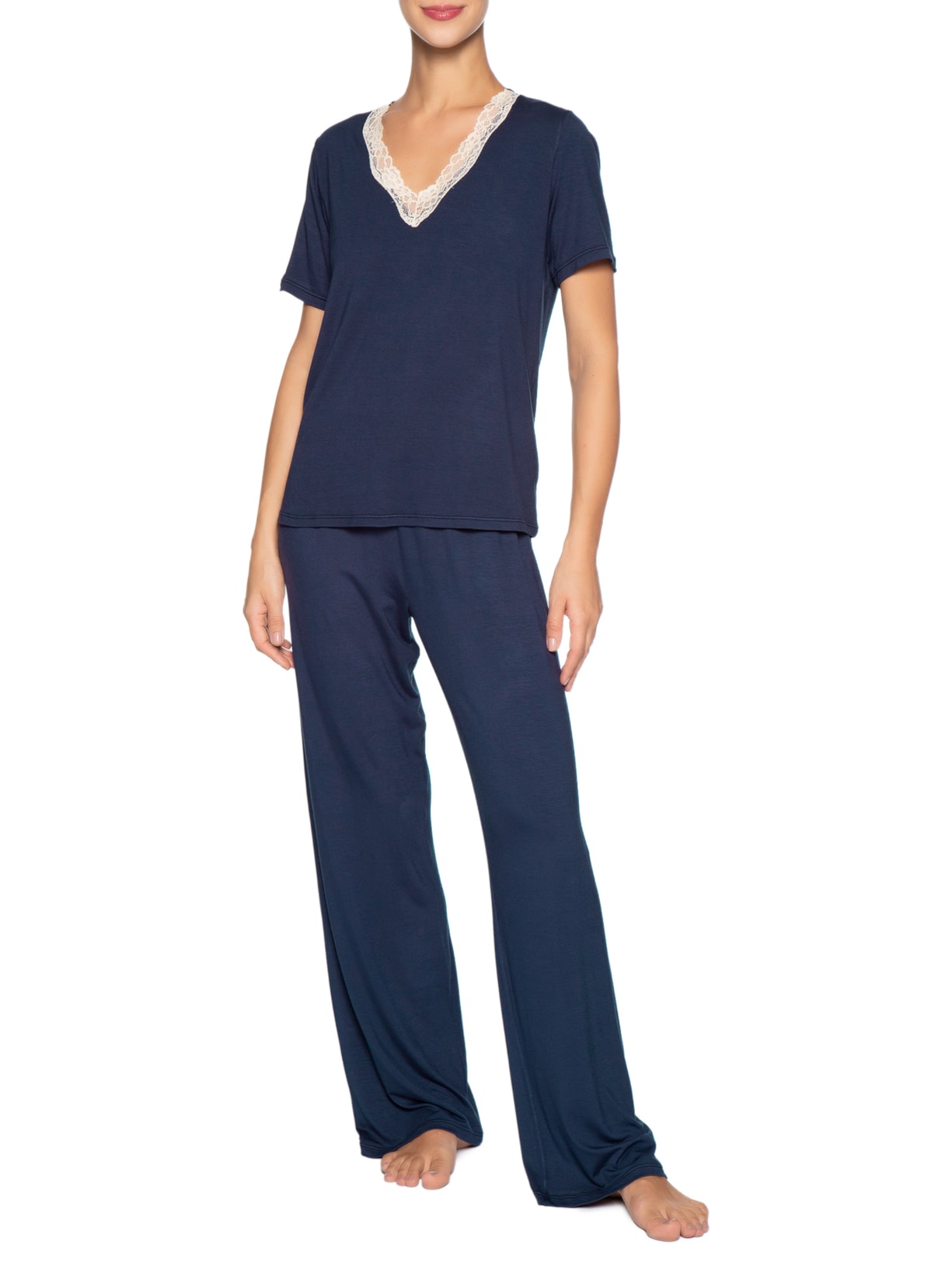 Pijama Feminino Longo Em Viscose E Renda Moon Azul Hope