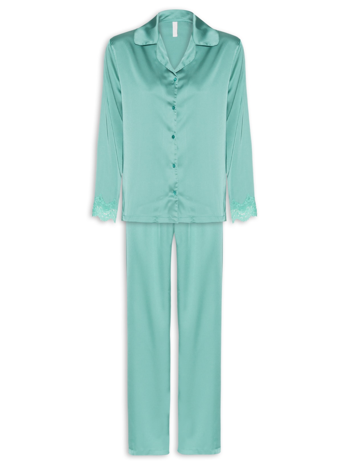 Pijama Feminino Longo Manga Longa Aberto Cetim Mia - Verde