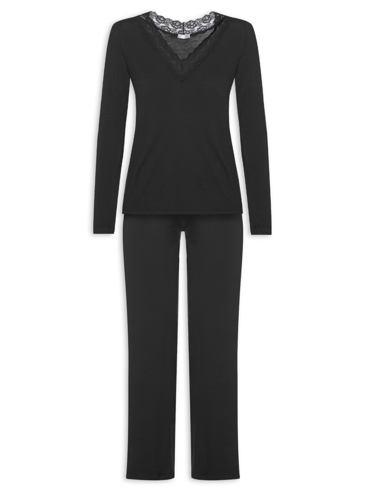 Pijama Feminino Longo Manga Longa Em Viscose Com Renda - Preto