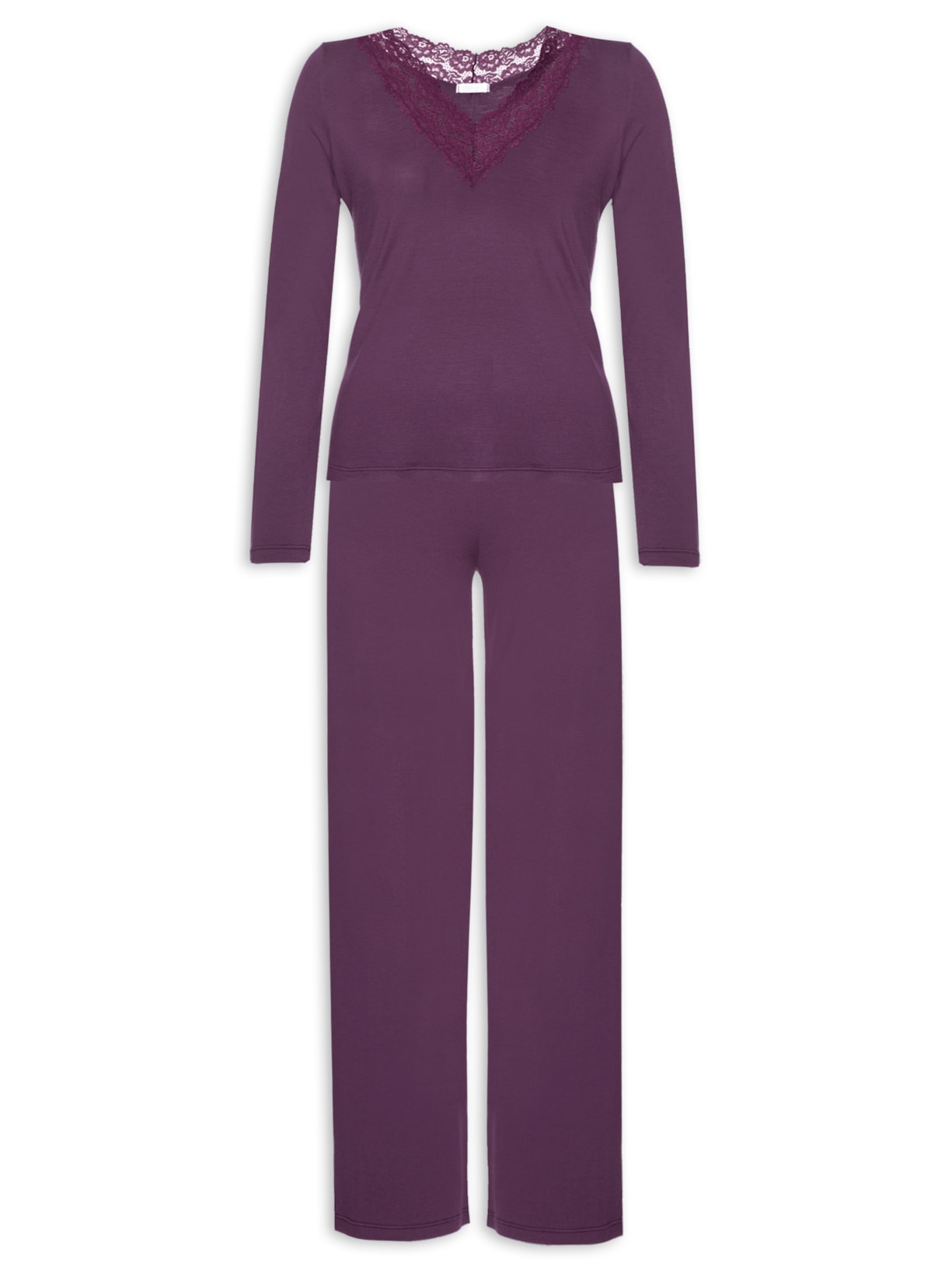 Pijama Feminino Longo Manga Longa Em Viscose Com Renda - Roxo