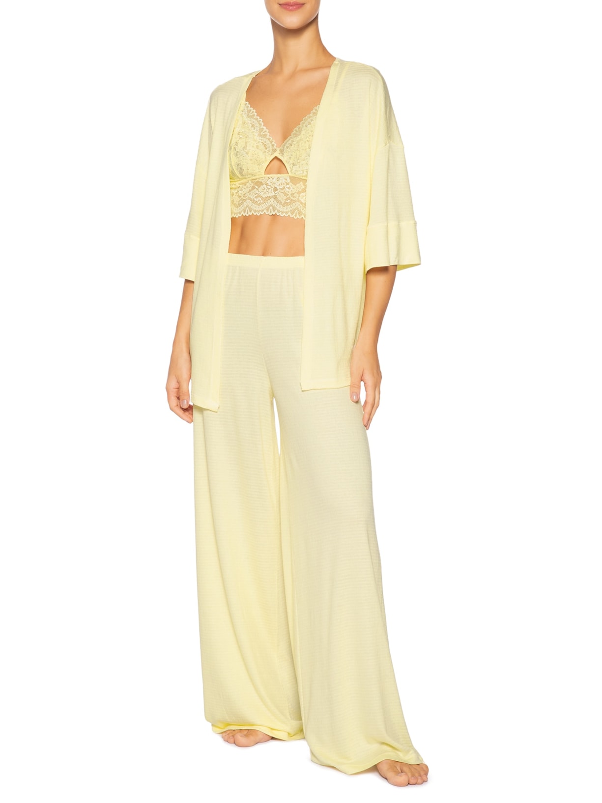 Pijama Feminino Longo Trio Anarruga Bahia Amarelo Jogê