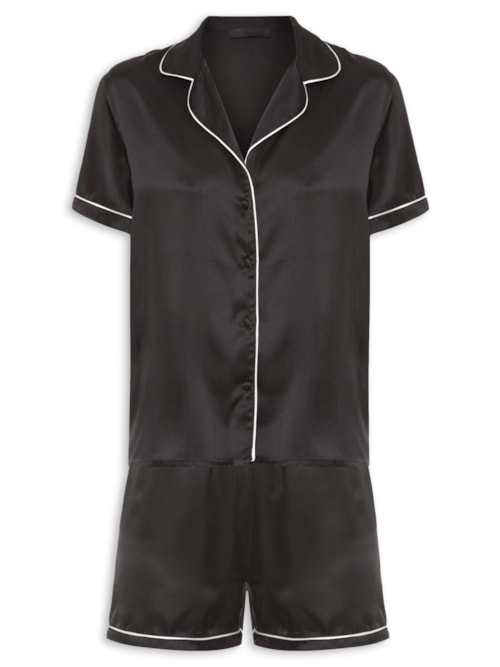 Pijama Feminino Manga Curta De Seda Pura - Preto