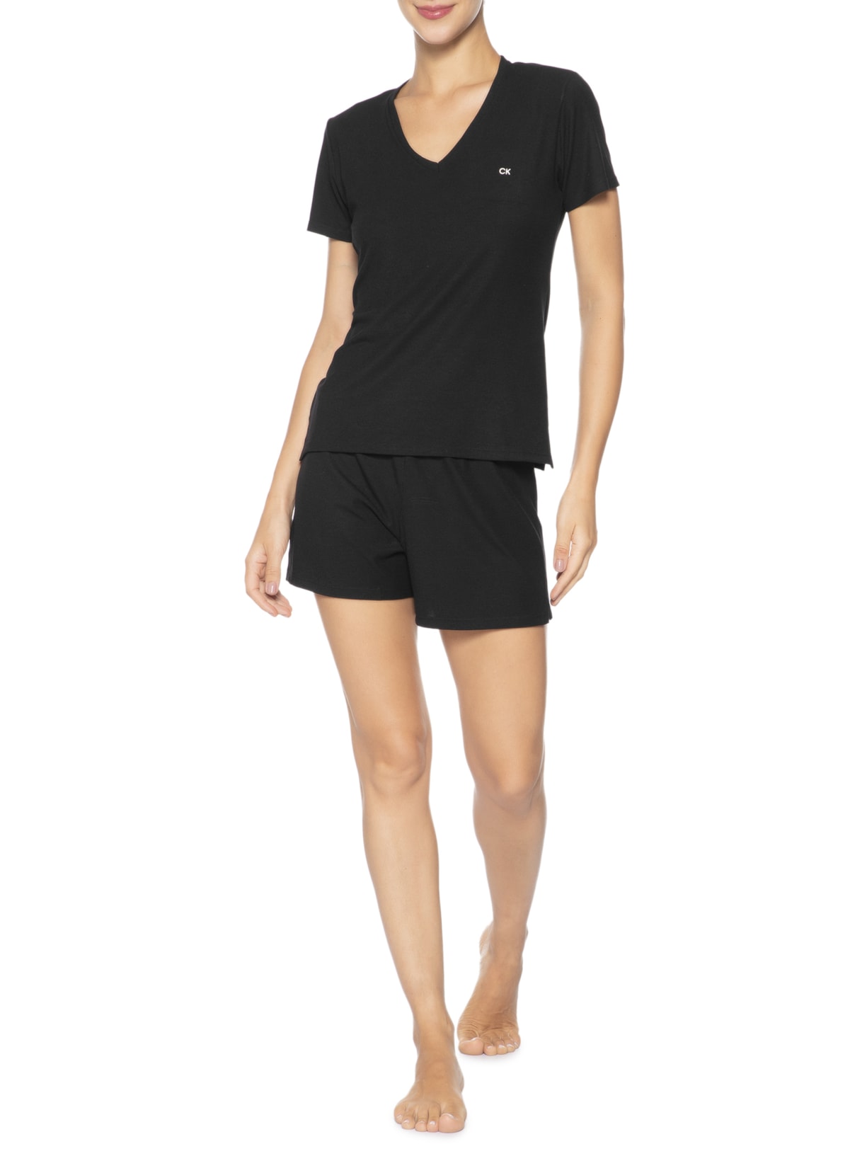 Pijama Feminino Manga Curta Short Visco Canelada Preto Calvin Klein Underwear