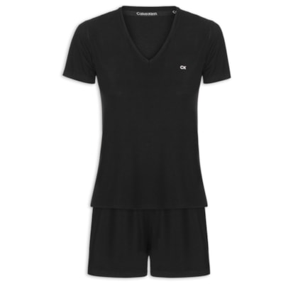 Pijama Feminino Manga Curta Short Visco Canelada - Preto