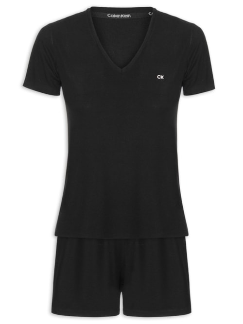 Pijama Feminino Manga Curta Short Visco Canelada - Preto