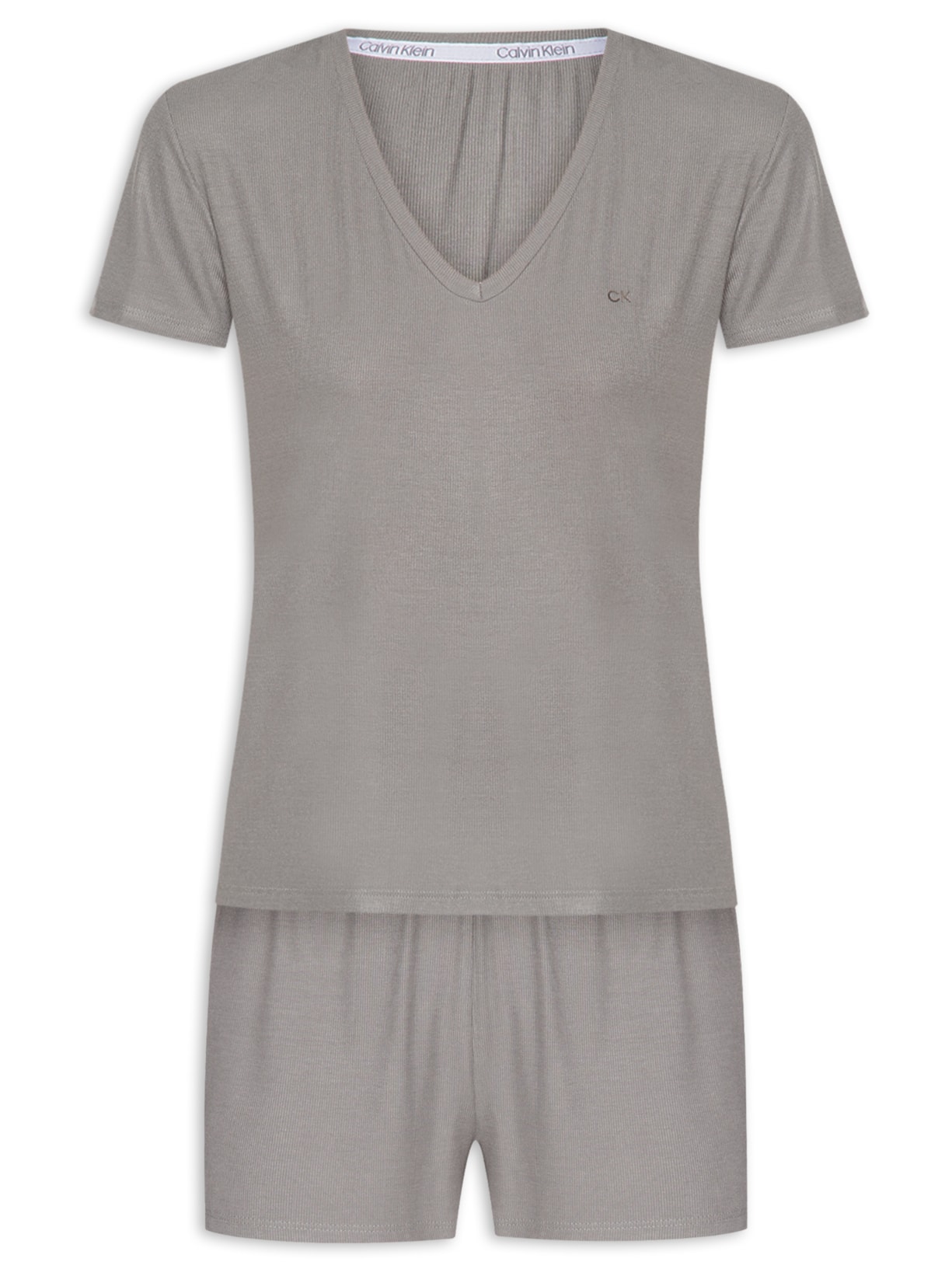 Pijama Feminino Manga Curta Short Visco Canelado - Cinza