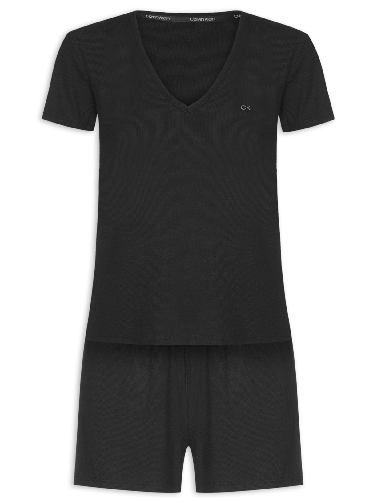 Pijama Feminino Manga Curta Short Visco Canelado - Preto