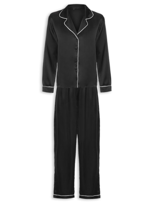 Pijama Feminino Manga Longa de Seda Pura - Preto