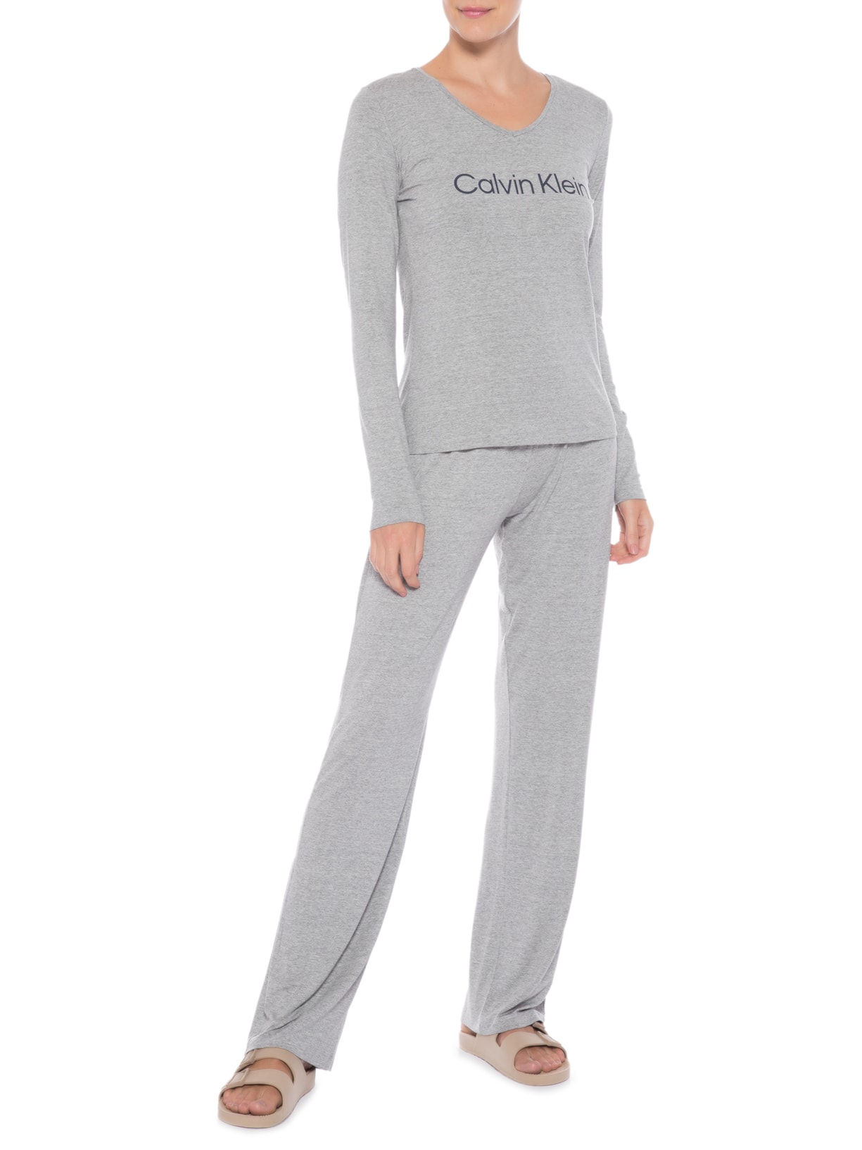 Pijama Feminino Manga Longa E Calça Viscolight Cinza Calvin Klein Underwear
