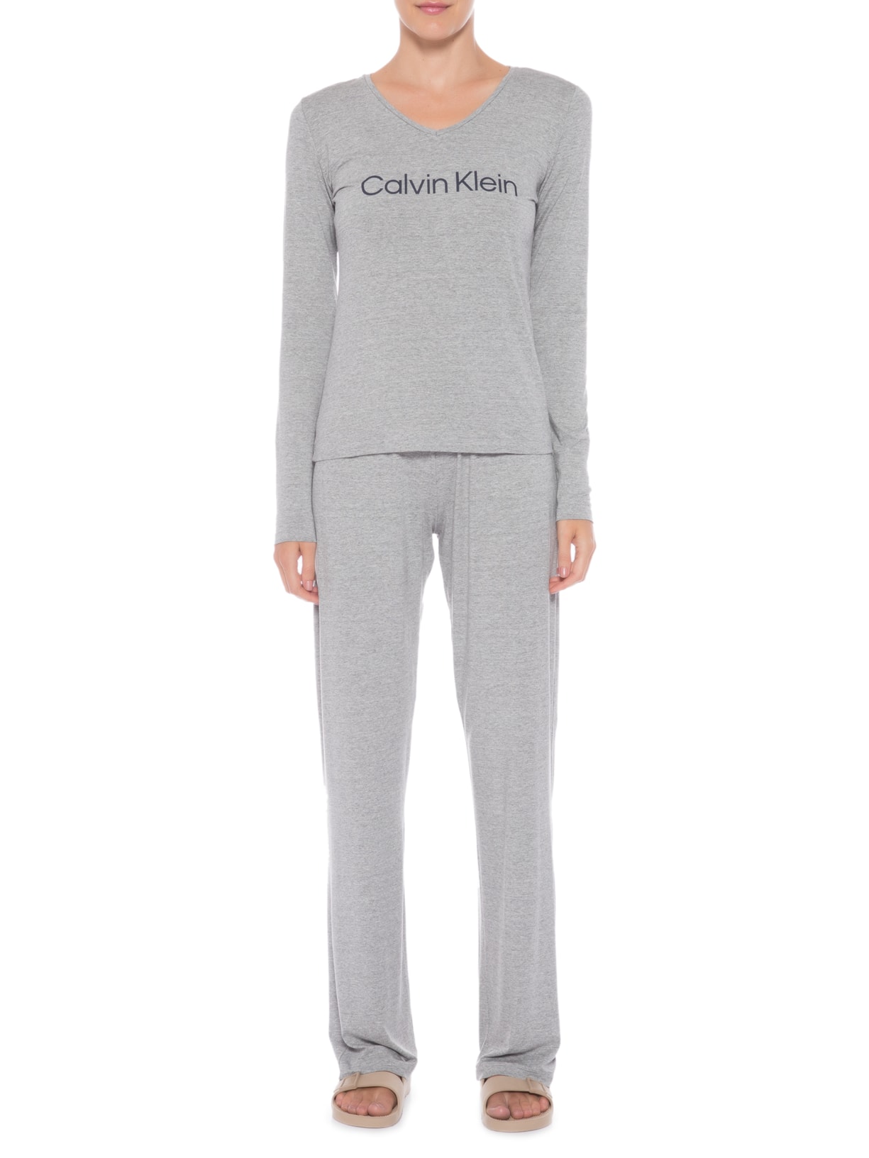 Pijama Feminino Manga Longa E Calça Viscolight Cinza Calvin Klein Underwear