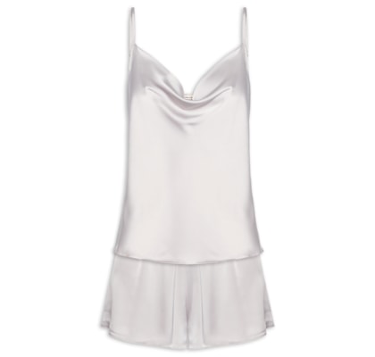 Pijama Feminino Short Doll Alças Finas Em Cetim Grace - Cinza