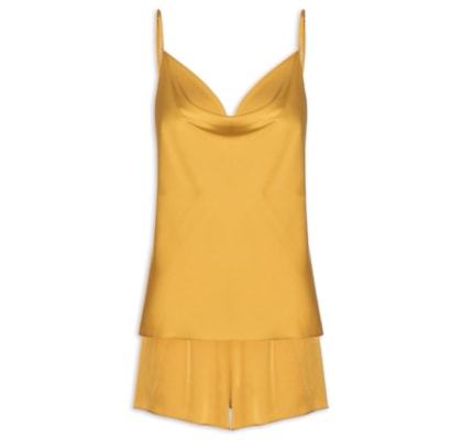 Pijama Feminino Short Doll Alcas Finas Em Cetim Grace - Dourado