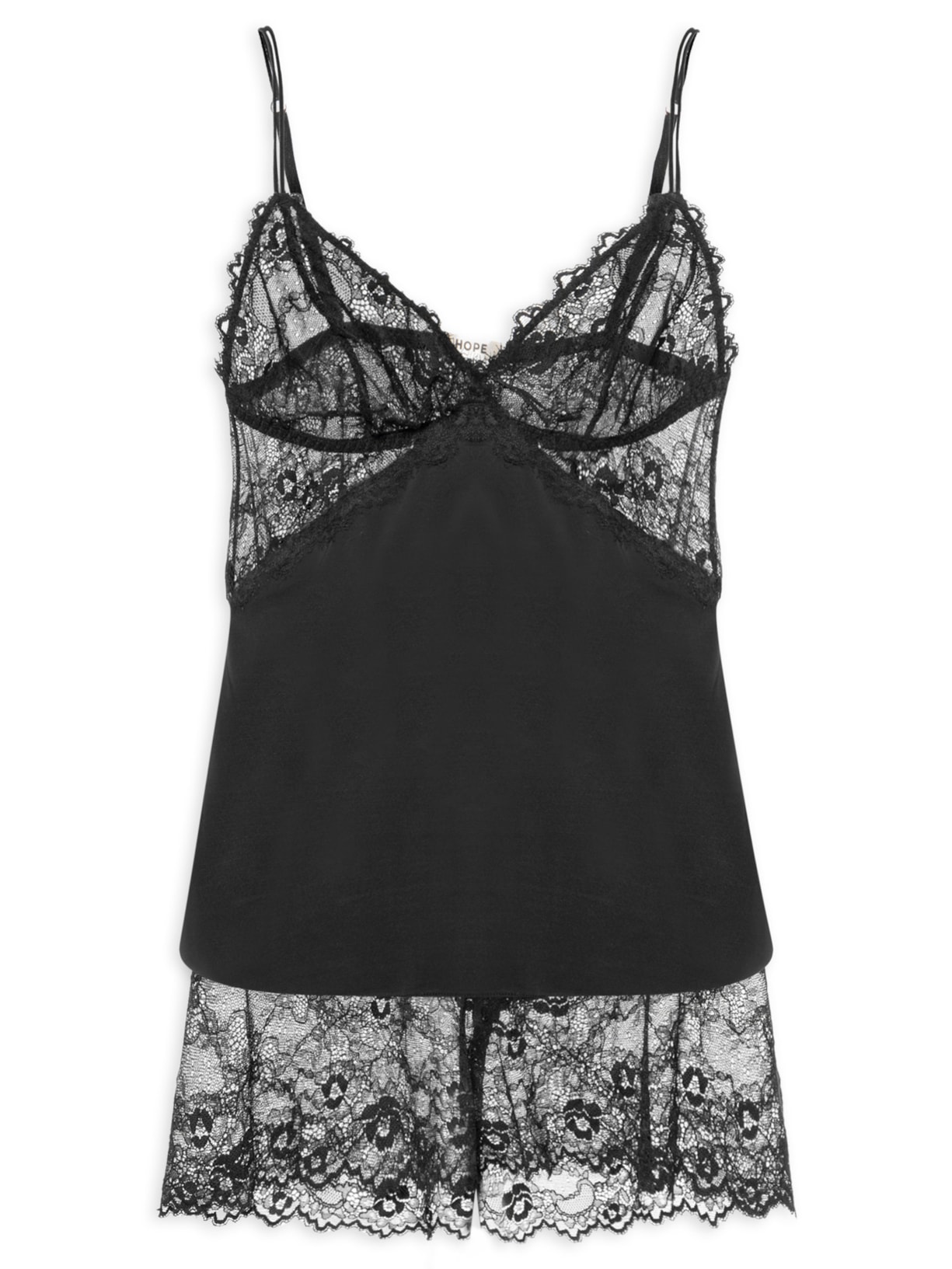 Pijama Feminino Short Doll Alças Finas Em Microfibra E Renda Carmen - Preto