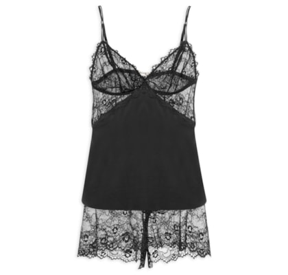 Pijama Feminino Short Doll Alças Finas Em Microfibra E Renda Carmen - Preto