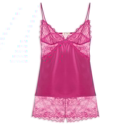 Pijama Feminino Short Doll Alças Finas Em Microfibra E Renda Carmen - Rosa
