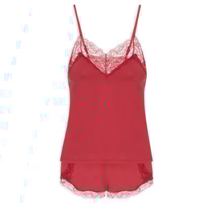 Pijama Feminino Short Doll Alcas Finas Em Renda E Microfibra Love Stories - Vermelho
