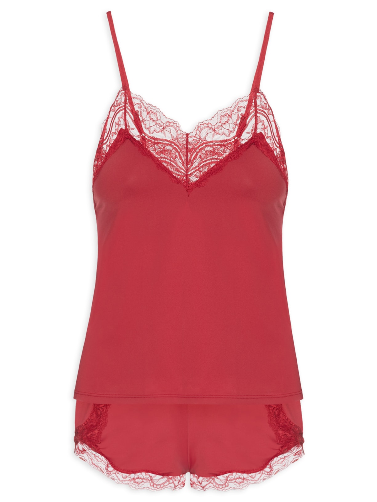 Pijama Feminino Short Doll Alcas Finas Em Renda E Microfibra Love Stories - Vermelho