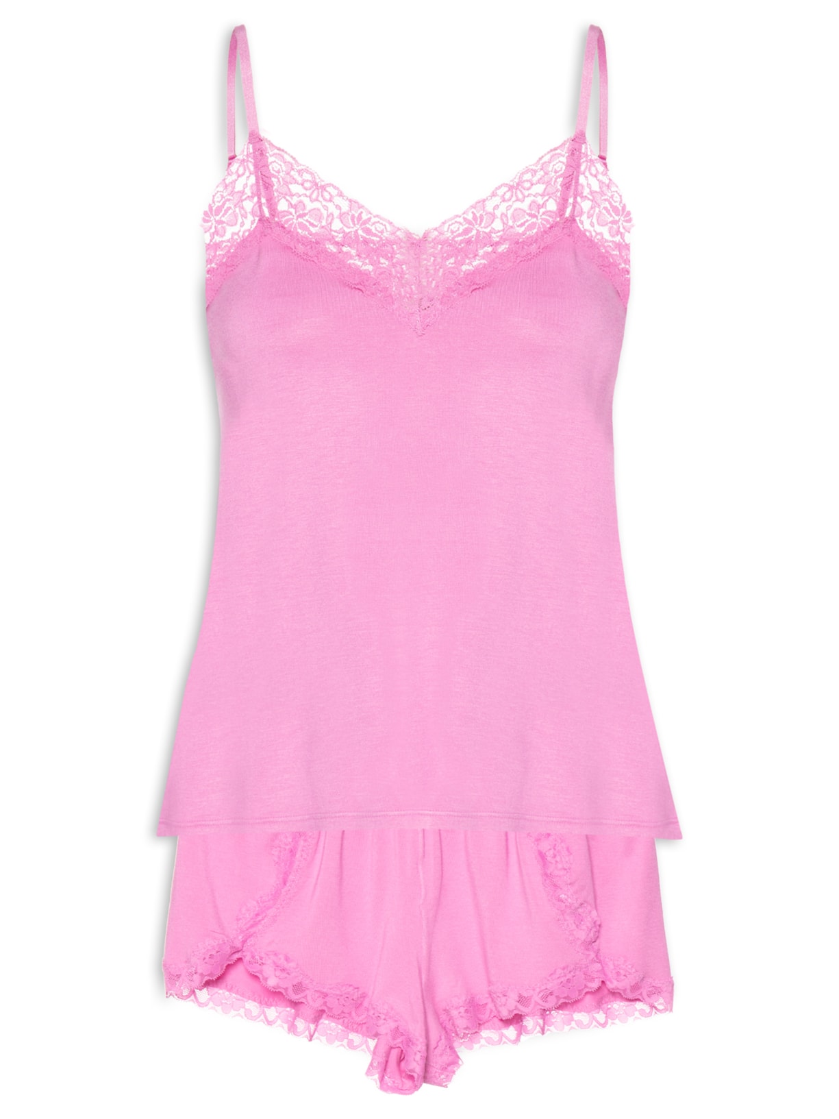 Pijama Feminino Short Doll Alças Finas Em Viscose E Renda Happy - Rosa