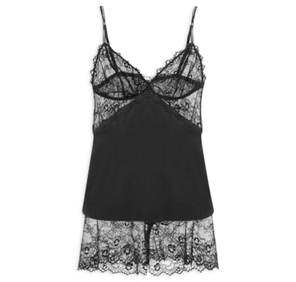 Pijama Feminino Short Doll Em Microfibra E Renda  - Preto