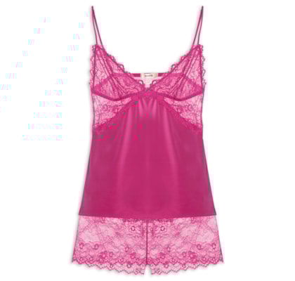 Pijama Feminino Short Doll Em Microfibra E Renda  - Rosa