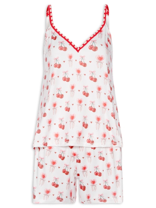 Pijama Feminino Shortdoll Malha Love Cherry - Branco