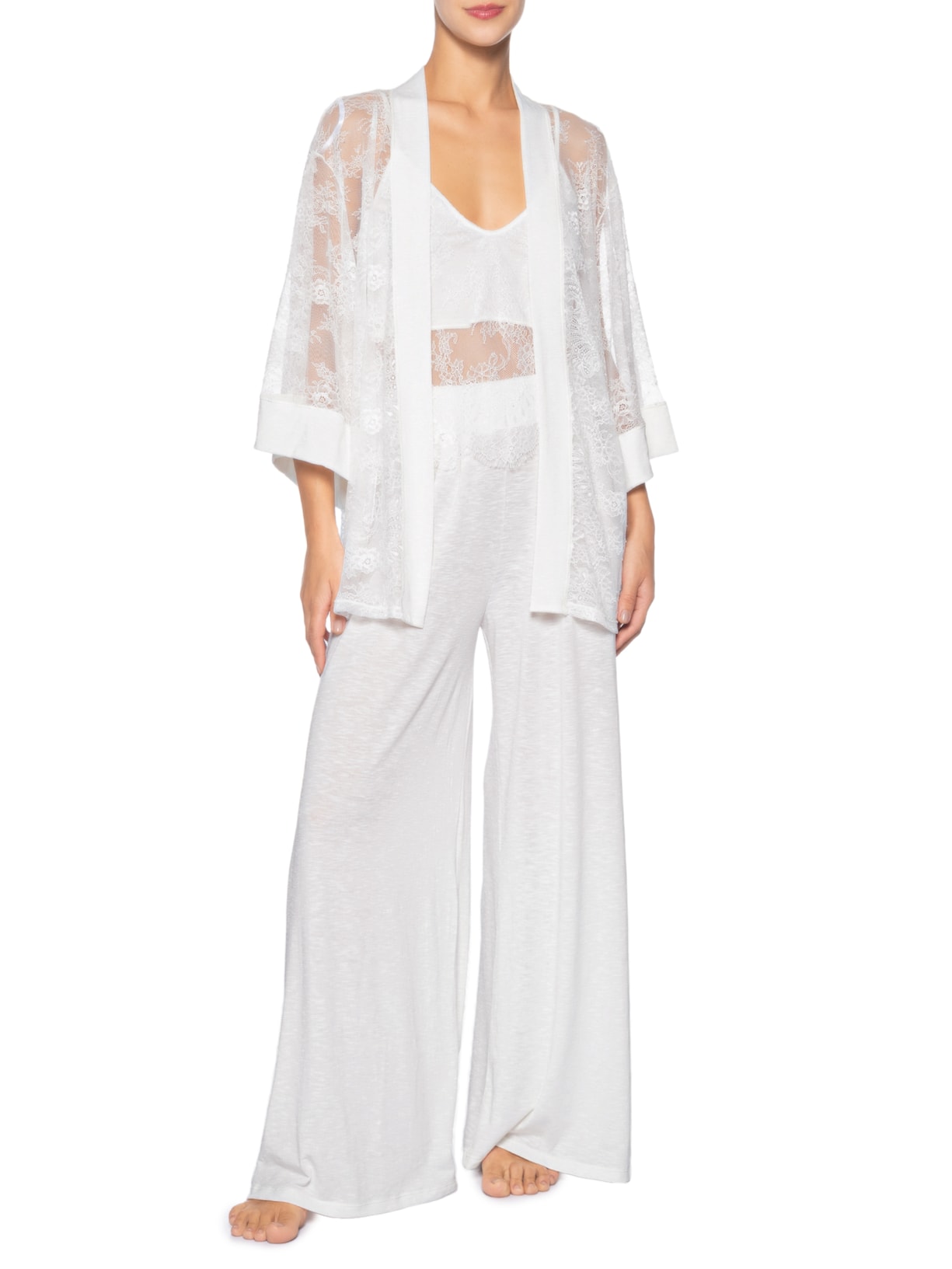 Pijama Longo Trio Renda Feminino Almar  Branco Jogê