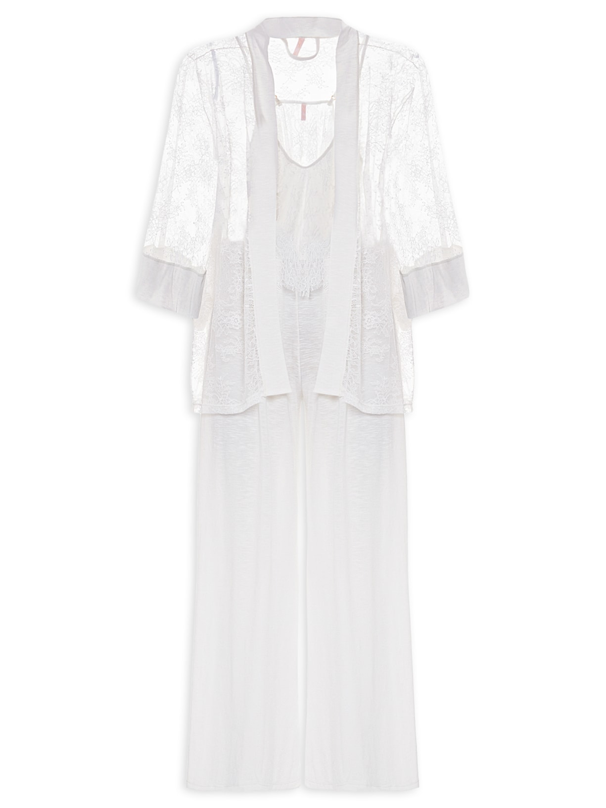 Pijama Longo Trio Renda Feminino Almar  – Branco Jogê