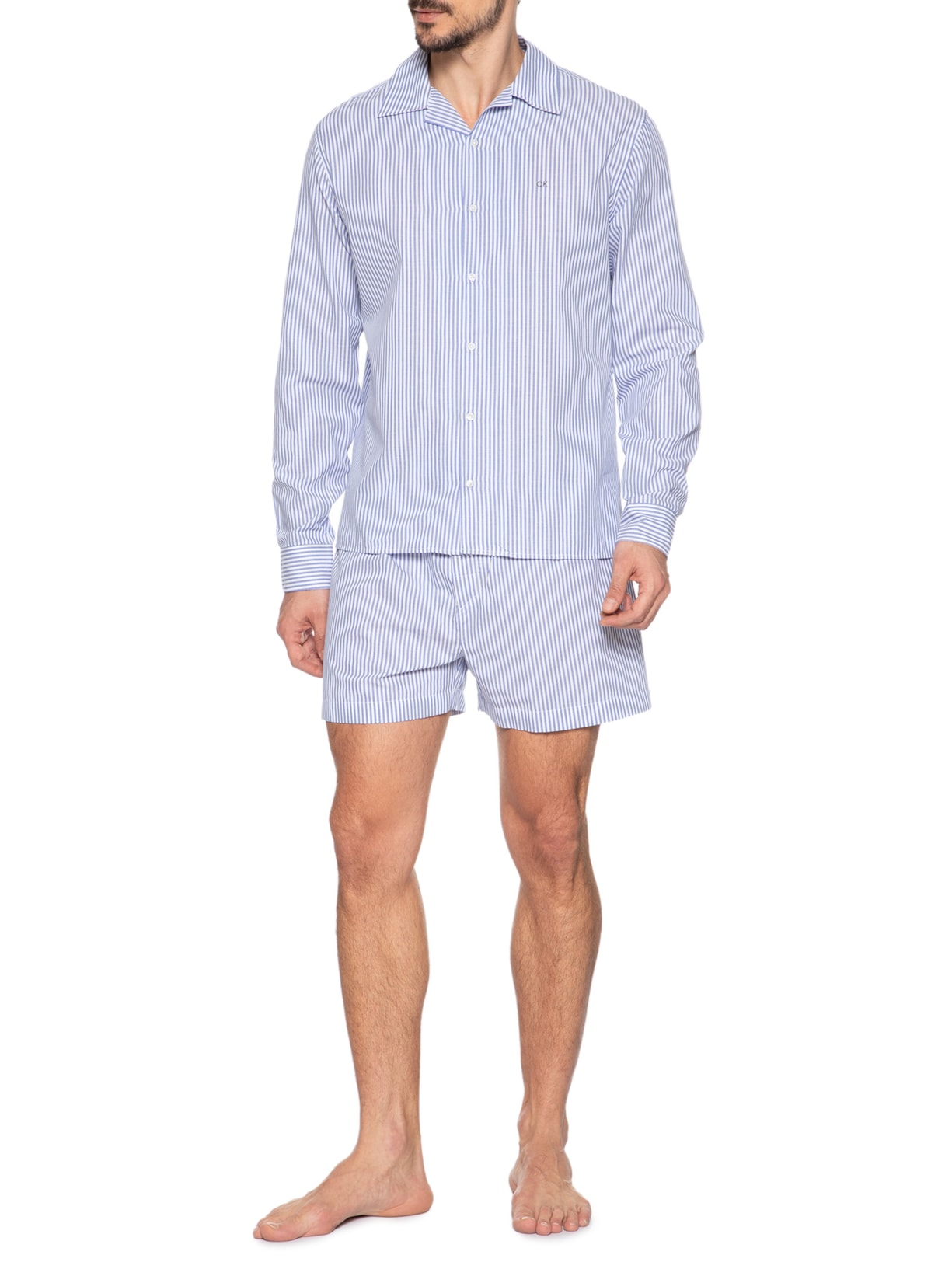 Pijama Masculino Camisa Em Botões E Bermuda Azul  Calvin Klein Underwear