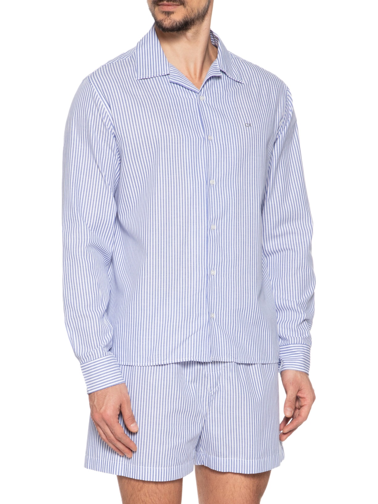 Pijama Masculino Camisa Em Botões E Bermuda Azul  Calvin Klein Underwear
